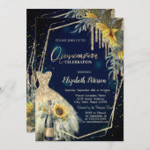 シャンパングラス、ドレス、サンフラワーネイビーブルー 招待状 (正面/裏面)