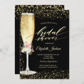 シャンパングラス、バラ、ゴールドダイヤモンドの結婚前お祝いパーティー 招待状 (正面/裏面)
