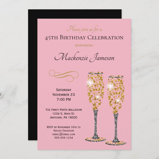 シャンパングラム誕生日招待状ピンク金ゴールドブラック 招待状 (正面/裏面)
