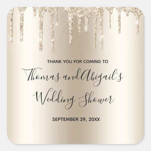 シャンパングリッタードリップウェディングシャワーグラムトレンディー スクエアシール (正面)