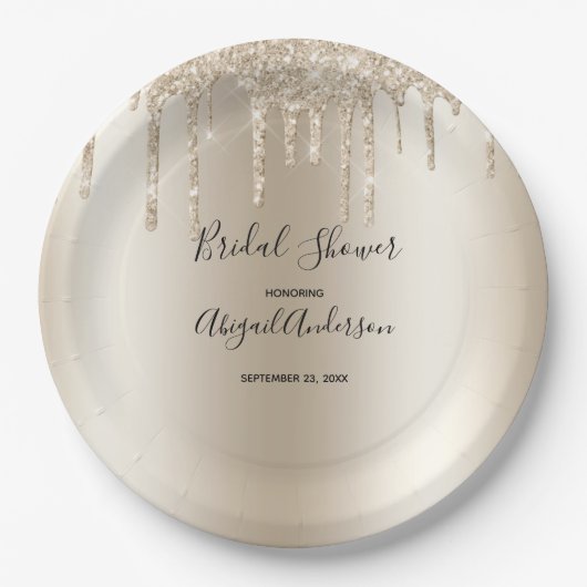 シャンパングリッタードリップブライダルシャワーグラムトレンディー ペーパープレート (正面)