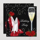 シャンパングリッターハイヒールレッドローズパーティー 招待状 (正面/裏面)