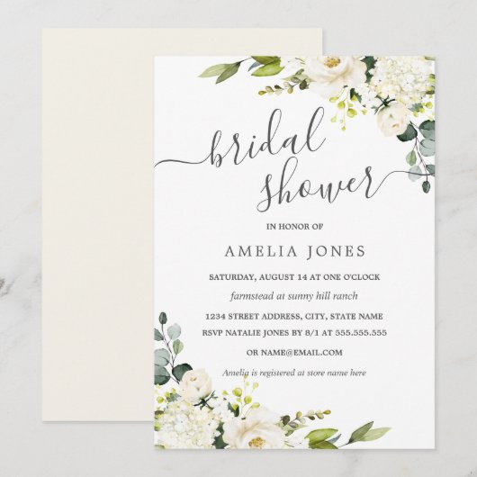 シャンパングリーンの水彩花柄ブライダルシャワー 招待状 (正面/裏面)