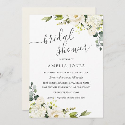 シャンパングリーンウォーターカラーフローラブライダルシャワー 招待状 (正面/裏面)