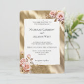 シャンパンゴールドのグリッターとピンクのバラのウェディング 招待状 (スタンド正面)