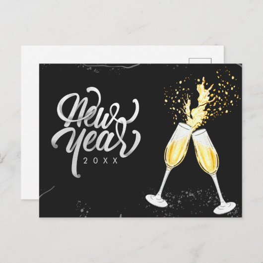 シャンパンゴールド ブラック ワイン グラス コンフェッティ モダン シーズンポストカード (正面/裏面)