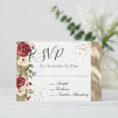 シャンパンゴールド 赤い クリーム色のバラ 結婚式 エンクロージャーカード (スタンド正面)