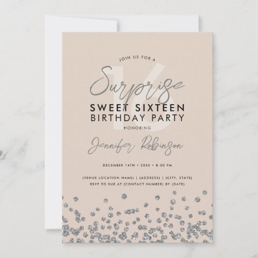 シャンパンシルバーグリッターサプライズスウィート16 招待状 (正面)