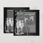 シャンパンシルバー ブラックマスカレードパーティー 招待状 (正面/裏面)