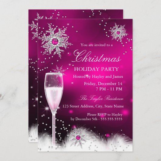 シャンパンスノーフレーククリスマスホリデーパーティーピンク 招待状 (正面/裏面)