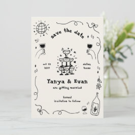 シャンパンタワーハンドドローおもしろいディスコ結婚ズ セーブザデート