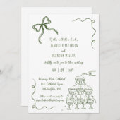 シャンパンタワー予測できなの結婚グリーンを弓で飾る 招待状 (正面/裏面)