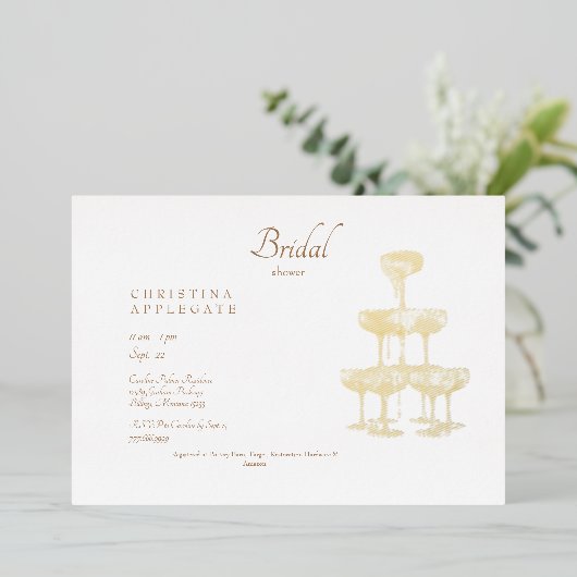 シャンパンタワー金ゴールド文字ブライダルシャワー金ゴールド 箔招待状 (立ち正面)