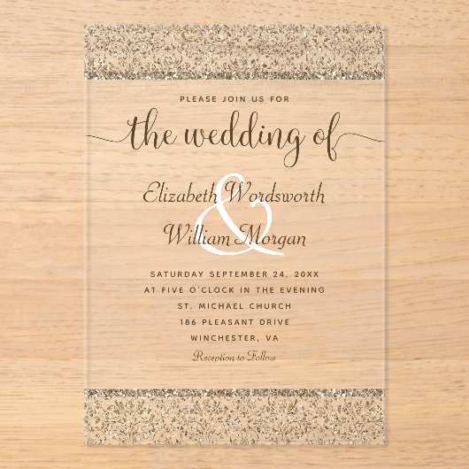 シャンパンダマスクグリッターモノグラムエレガントウェディング アクリル招待状 (正面)