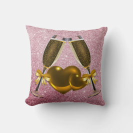シャンパントーストダブルハートピンクフェイクグリッター クッション