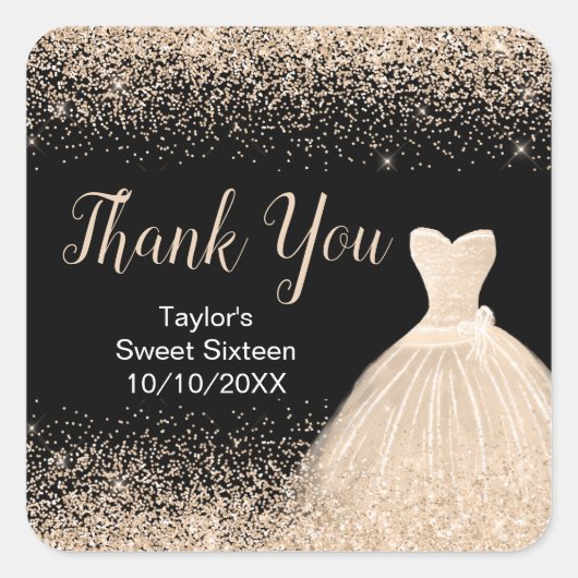 シャンパンドレスフェイクグリッタースウィート16誕生日 スクエアシール (正面)
