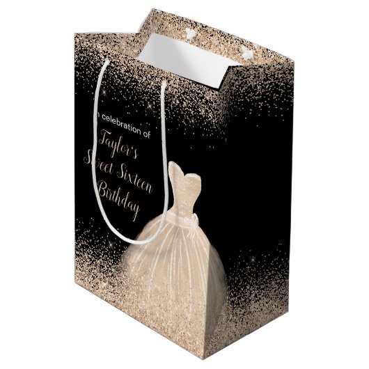 シャンパンドレスフェイクグリッタースウィート16誕生日 ミディアムペーパーバッグ (裏面アングル)