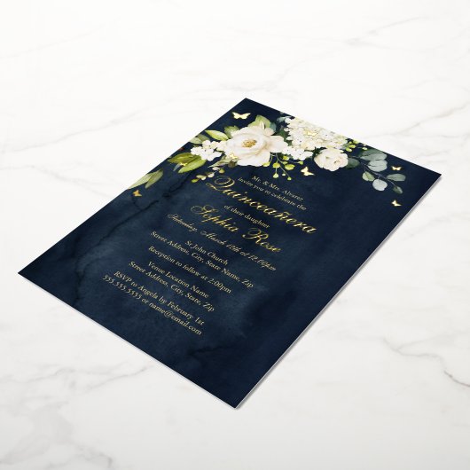 シャンパンネイビーフローラゴールデンバタフライキンセアニェラ 箔招待状 (回転した状態)