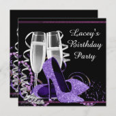 シャンパンハイヒール女性パープルバースデーパーティー 招待状 (正面/裏面)