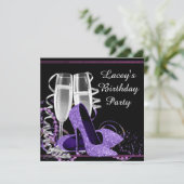 シャンパンハイヒール女性パープルバースデーパーティー 招待状 (スタンド正面)