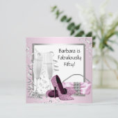 シャンパンハイヒール女性ピンク&ブラック誕生日 招待状 (スタンド正面)