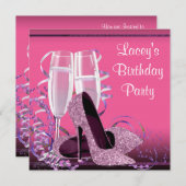 シャンパンハイヒール女性ホットピンクバースデーパーティー 招待状 (正面/裏面)