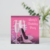 シャンパンハイヒール女性ホットピンクバースデーパーティー 招待状 (スタンド正面)