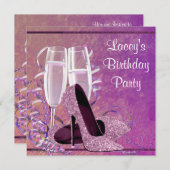 シャンパンハイヒール女性ホットピンクバースデーパーティー 招待状 (正面/裏面)