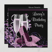 シャンパンハイヒール女性ホットピンクバースデーパーティー 招待状 (正面/裏面)