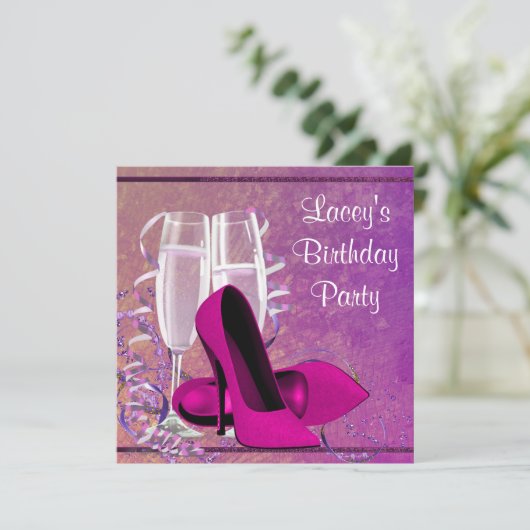 シャンパンハイヒール女性ホットピンクバースデーパーティー 招待状 (スタンド正面)