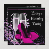 シャンパンハイヒール女性ホットピンクバースデーパーティー 招待状 (正面/裏面)