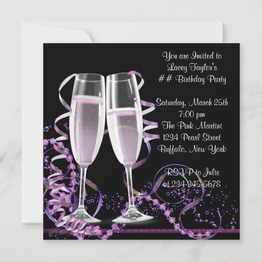 シャンパンハイヒール女性ホットピンクバースデーパーティー 招待状 (裏面)