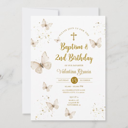 シャンパンバタフライガール誕生日バプティスクロス 招待状 (正面)