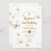 シャンパンバタフライガール誕生日バプティスクロス 招待状 (正面/裏面)