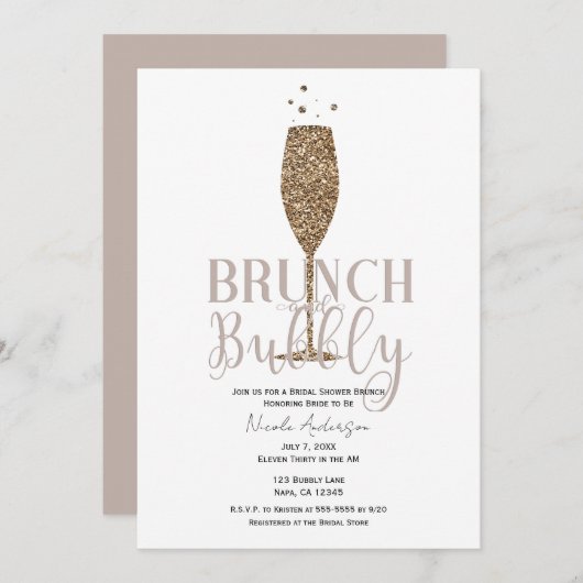 シャンパンバブルピンクベージュブライダルシャワーブランチ 招待状 (正面/裏面)