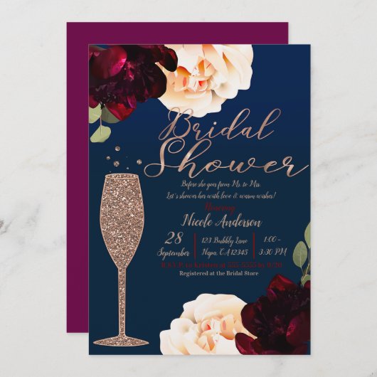 シャンパンバラ金ゴールドネイビーブルーフローラブライダルシャワー 招待状 (正面/裏面)