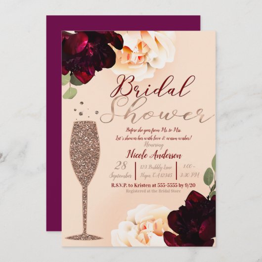 シャンパンバラ金ゴールドピーチフローラブライダルシャワー 招待状 (正面/裏面)