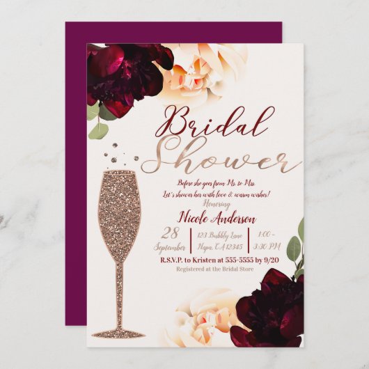 シャンパンバラ金ゴールドフローラブライダルシャワー 招待状 (正面/裏面)