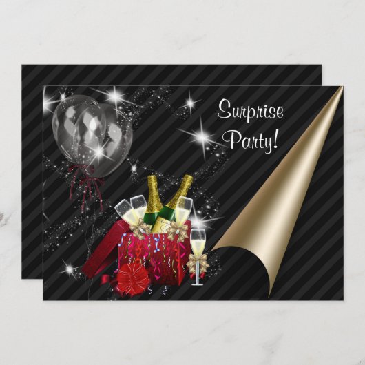 シャンパンバルーン黒いサプライズ誕生日パーティー 招待状 (正面/裏面)