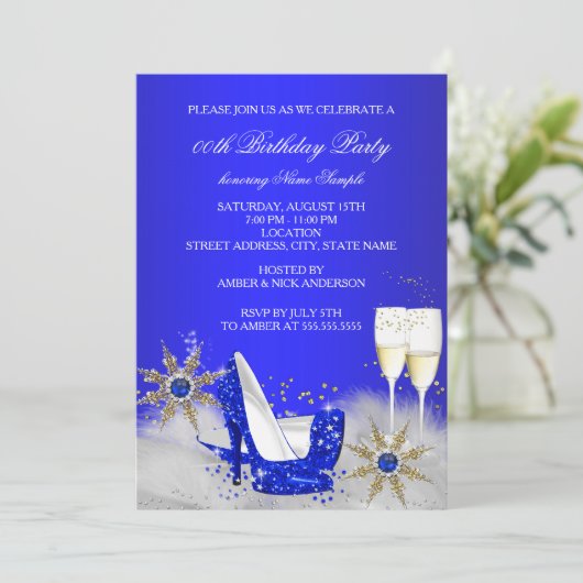 シャンパンバースデーパーティー王室のブルーハイヒール 招待状 (スタンド正面)