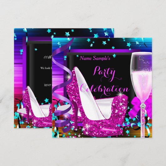 シャンパンパーティー いつでも 誕生日パーティー 招待状 (正面/裏面)