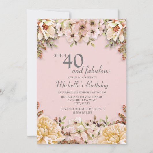 シャンパンピンクの花柄 40歳の誕生日パーティー 招待状 (正面)