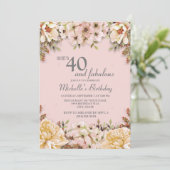 シャンパンピンクの花柄 40歳の誕生日パーティー 招待状 (スタンド正面)