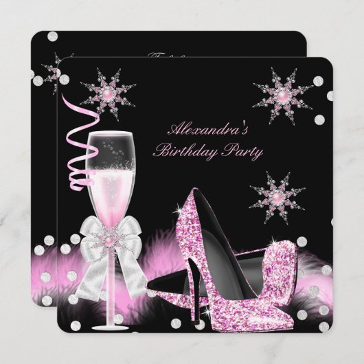 シャンパンピンクハイヒールバースデーパーティー 招待状 (正面/裏面)