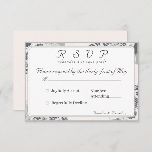シャンパンピンクレース結婚のレスポンスカード 出欠カード (正面/裏面)