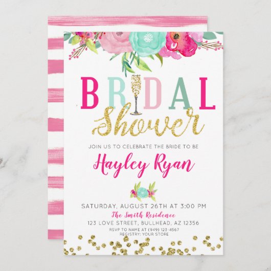 シャンパンピンク&ミントフラワーズブライダルシャワー 招待状 (正面/裏面)
