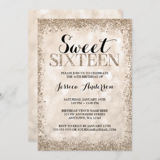 シャンパンフェイクグリッタースウィート16誕生日 招待状 (正面/裏面)