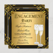 シャンパンフェイク金ゴールドブラック婚約パーティ写真 招待状 (正面/裏面)