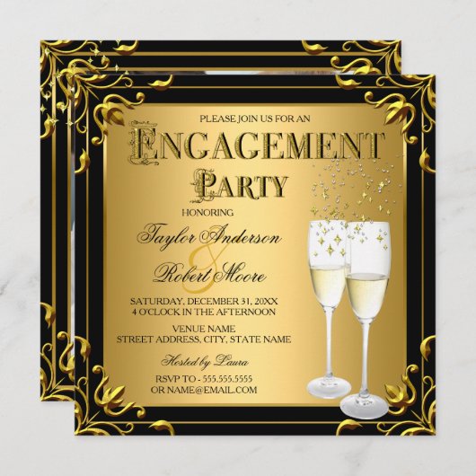 シャンパンフェイク金ゴールドブラック婚約パーティ写真 招待状 (正面/裏面)