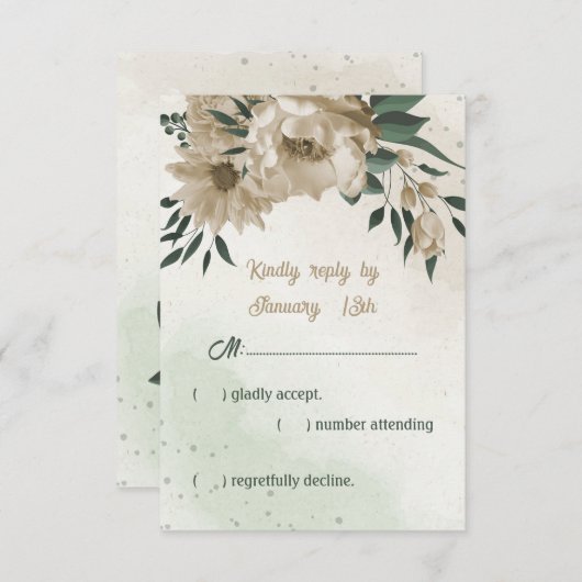 シャンパンフラワーグリーン結婚リー 出欠カード (正面/裏面)
